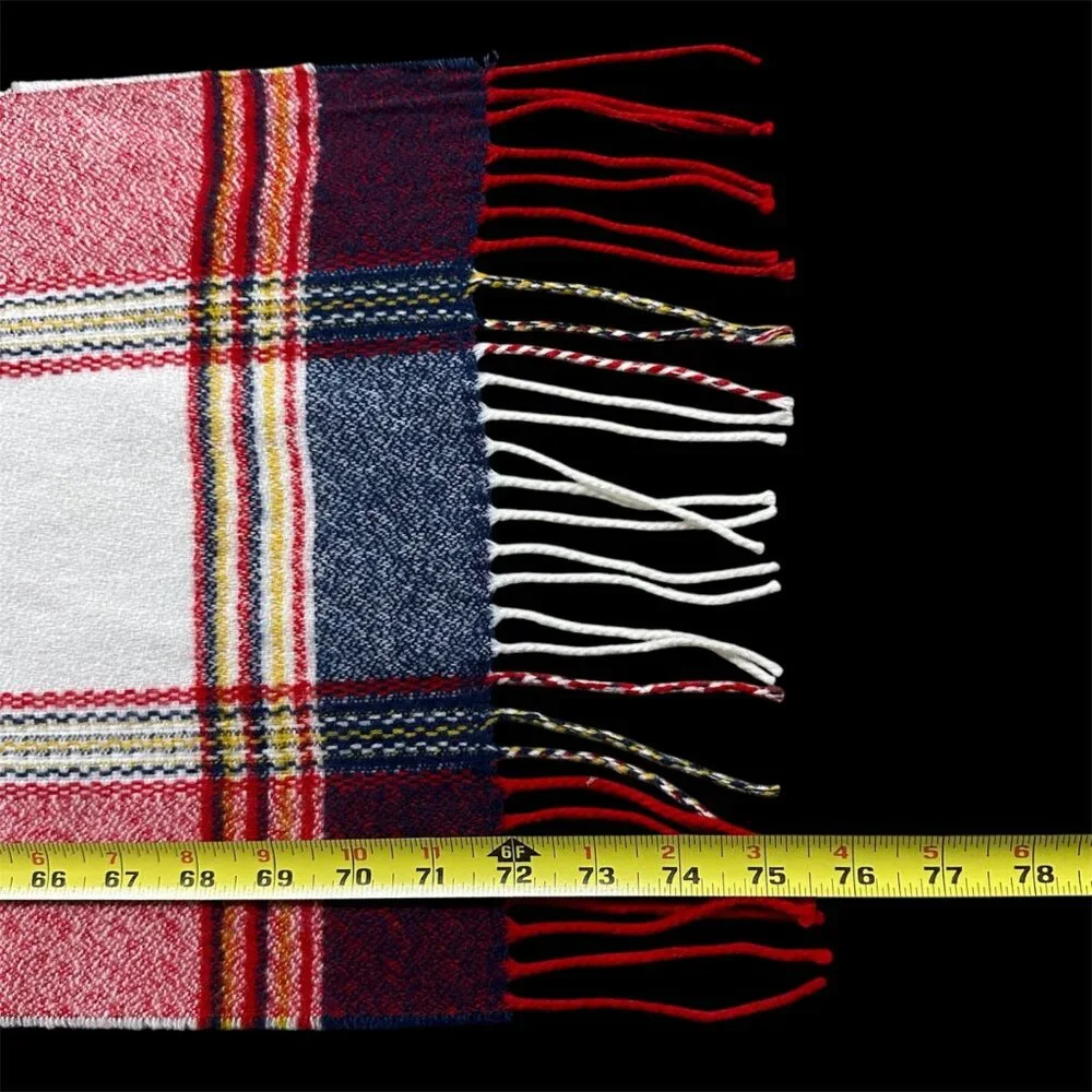 Plaid Cashmere Scarf Scotland Fringe Red Navy White Winter Fashion Accessory - Picture 5 of 5